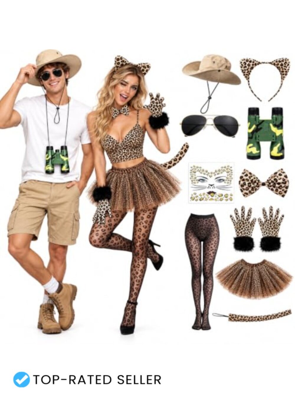 10 Pc Halloween Couples Costume Cheetah Safari Tourist Cosplay Set Adult